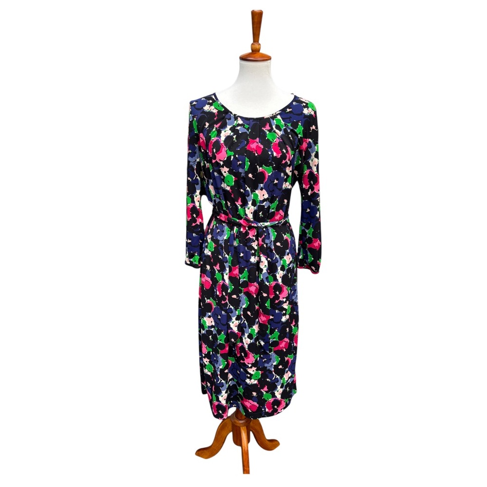 Talbots Women’s M Multicolor Floral 3/4 Sleeve Belted Scoop Neck Midi Dress